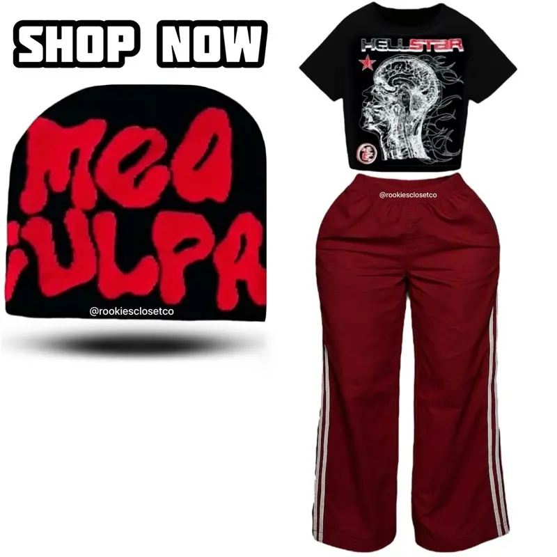 Women's 3-Piece Casual Streetwear Set - Striped Cotton Short-Sleeve Round Neck Black T-Shirt, Cute Red Wide-Leg Track Pants, Graphic Beanie, Lightweight Fleece Hip-Hop Lounge Outfit for Fall Winter, Shortsleeve, Comfortable, Chic, Loose, Everyday, Lounge,
