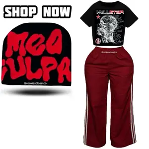 Women's 3-Piece Streetwear Clothes Set - Cotton Short-Sleeve Round Neck Stripe T-Shirt (Black Graphic), Red Wide-Leg Track Pants, Beanie, Lightweight Fleece Hip-Hop Casual Lounge Outfit for Fall Winter