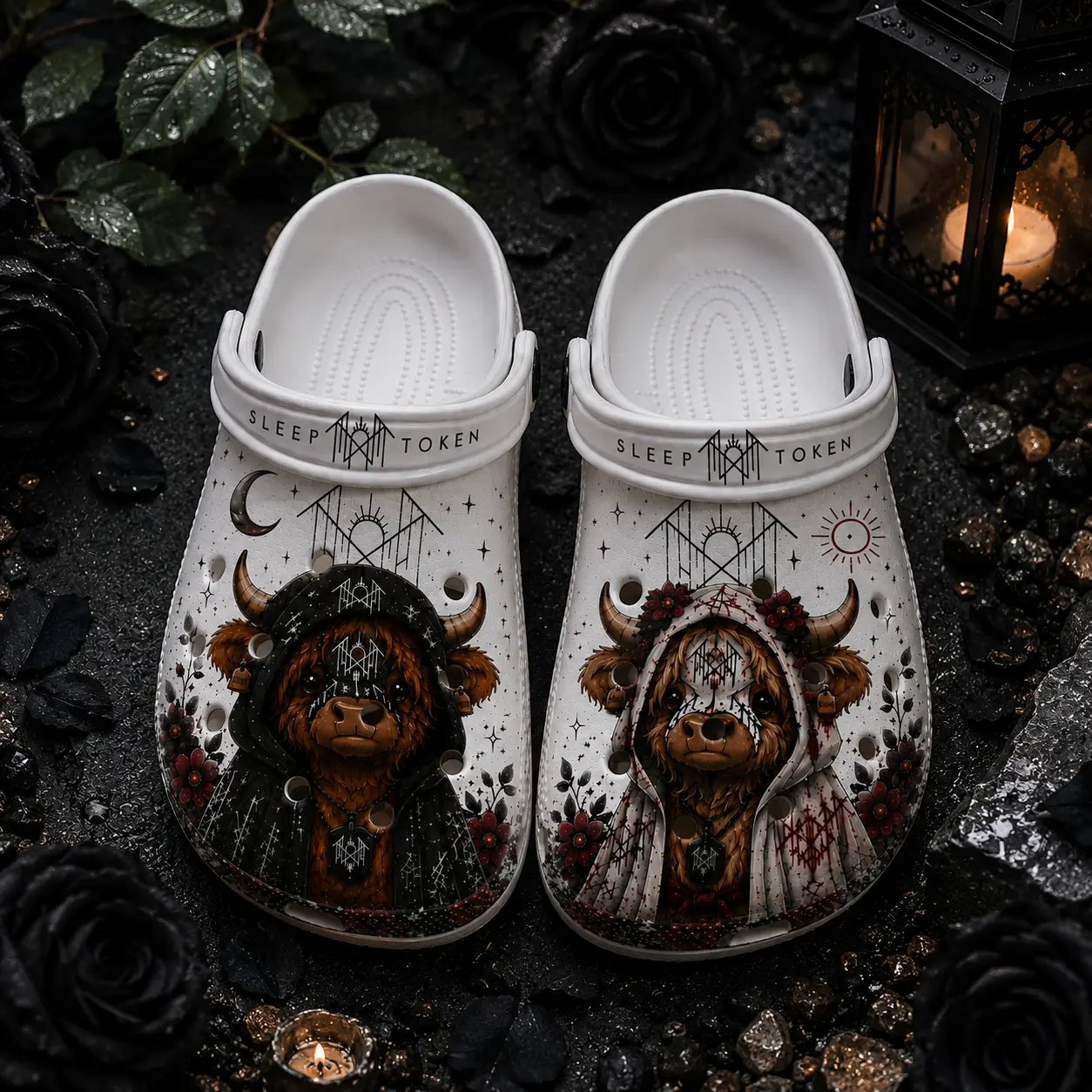 (No Box) SlpToken Highland Cow Clogs, Gothic Floral Graphic Clog Shoes, Dark Alternative Slip-On Footwear, Comfortable Casual Garden Clogs, Music Fan Gift