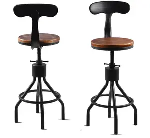 Set of 2 Rustic Industrial Bar Stool-24-30 Adjustable Metal Swivel Wooden Top Barstools-Counter Height Extra Tall Bar Height-Vintage Farmhouse Kitchen Breakfast Cafe Stool-with Backrest
