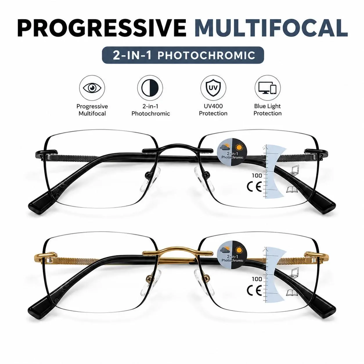 Progressive Multifocal Photochromic Reading Glasses for Women & Men, Blue Light Blocking Smart Readers, UV Protection Light Adaptive Eyewear for Near Mid Far Vision