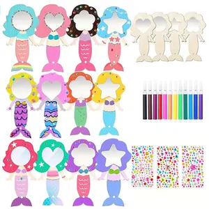 12 Piece Mermaid DIY Wood Mirror Set with Color Pencils, Hand Drawn Cartoon Style, Polished Surface, Wooden Craft Kit