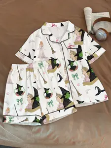 Women's Sleepwear 2-Piece Pajama Set, Casual Comfort Short Sleeve Top & Shorts, Wicked Elphaba & Glinda Pattern, Summer Home Wear