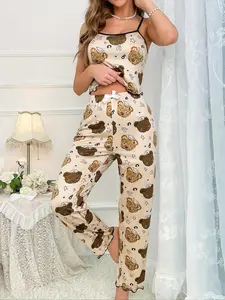 Cute Bear Print Thin Strap Long Pants Two-Piece Set, Light Soft Fabric Homewear Sleepwear, Women's All-Seasons Two-Piece Set