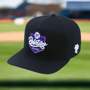 Pelotero Brand Logo Snapback Hat - Black, One Size Fits Most, Five Panel with Eyelets, Raised Embroidery, Slight Curved Brim, Adjustable SnapBack Cotton