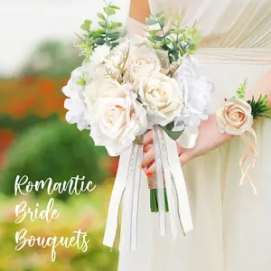 Wedding bouquets for bride and bridesmaids, white and champagne artificial roses with ribbon bows, suitable for weddings, proms, church decorations, home decorations and Valentine's Day