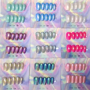 Glossy Mirror Cat Eye Press On Nails Kit, 9 Shades Mermaid Aurora Iridescent False Nails, Reusable Handmade Fake Nail Set