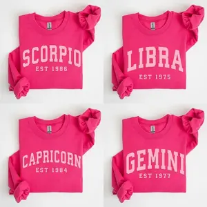 (Leave A Note or DM to Shop) Custom Zodiac Sweatshirt – Pink Color (Heliconia), Custom Year-Est Your Year Astrology Pullover, Cute Horoscope Energy Gift, Unisex Crewneck Sweatshirt, Birthday Zodiac Sign Outfit 2025 - H