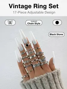 17pcs Vintage Butterfly Ring Set✨Adjustable Silver Tone | Stackable Rings, Butterfly & Chain Details | Perfect for Stacking, Gifting & Everyday Outfits