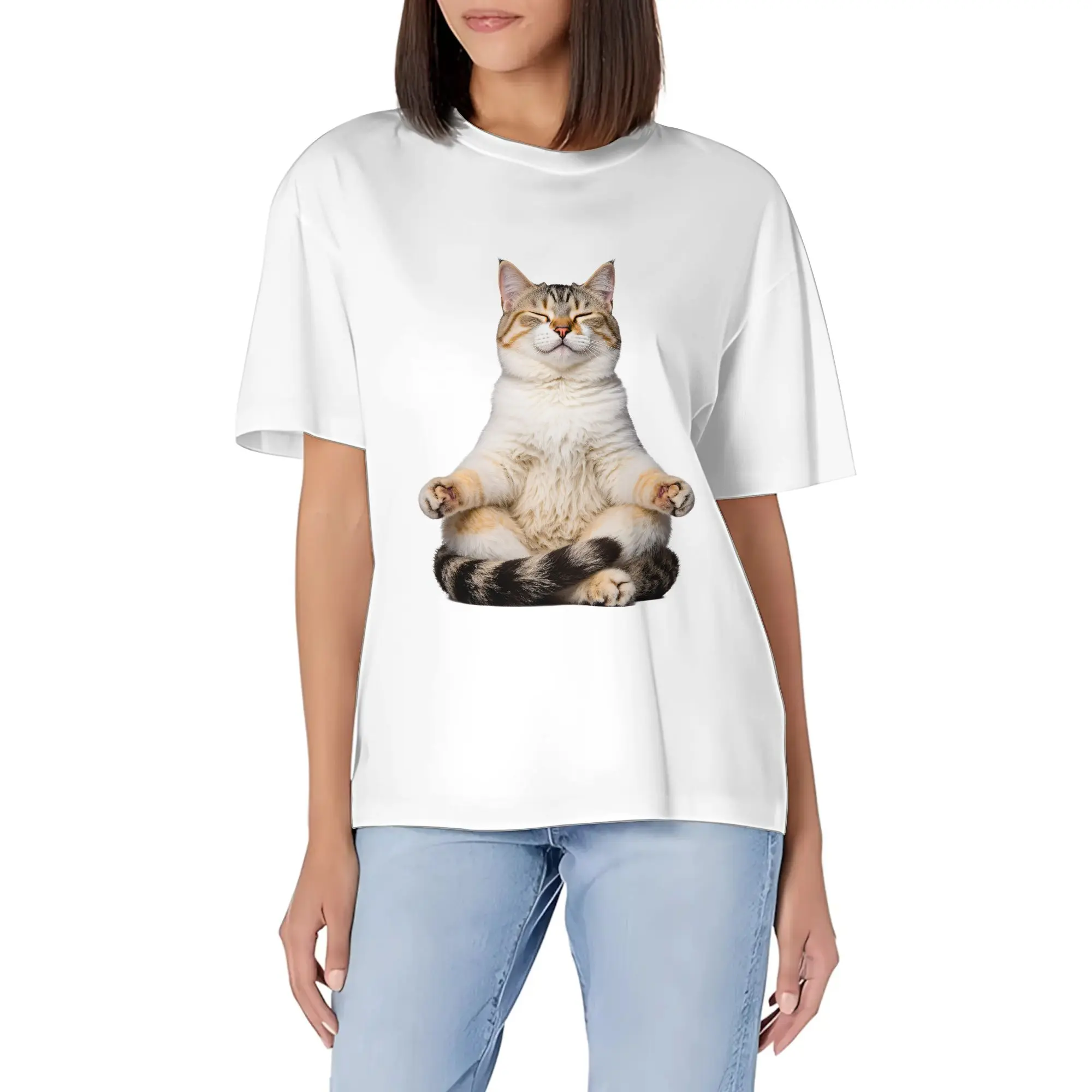 180g Women 100% Cotton Crew Neck Tee | Zen cat（Customizable design available）