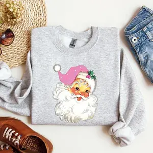 Retro Santa, Pink, Classic, Twinkle, Christmas, Winter, Xmas Sweatshirt, Women's Crew Neck, Crewneck
