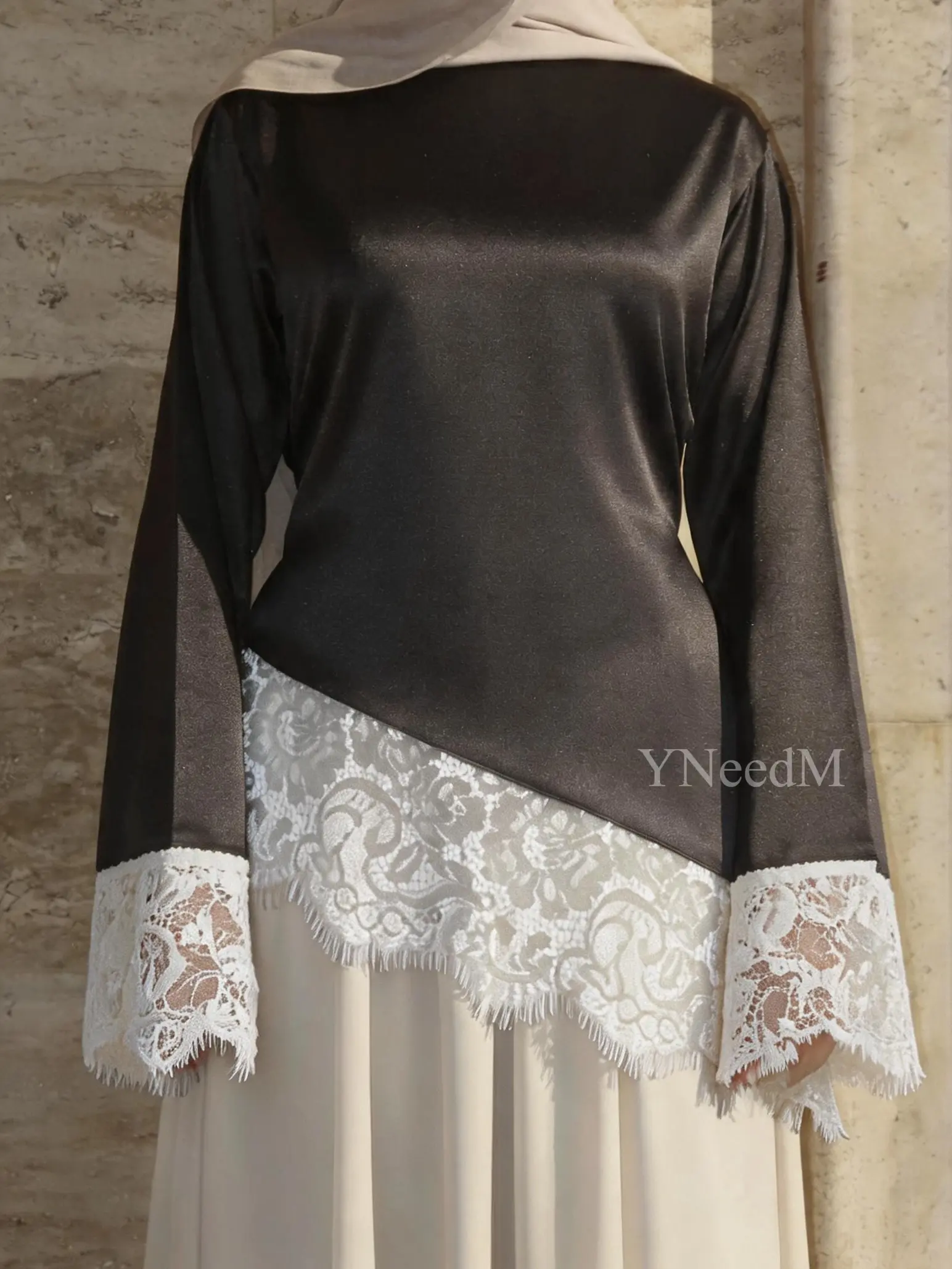 Women's Elegant Satin Blouse - Long Sleeve V-Neck Garment with Lace Trim, Tie-Back for Formal Events, Modest Fashion Tops for Women, Shirts, Long Sleeve Tops, Secure Tie-Back, Going Out, Smooth, Comfortable, Dressy Tops