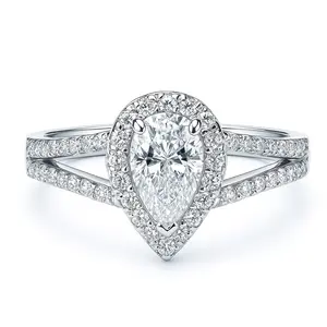 Halo Pear CZ Split Shank Ring in Sterling Silver