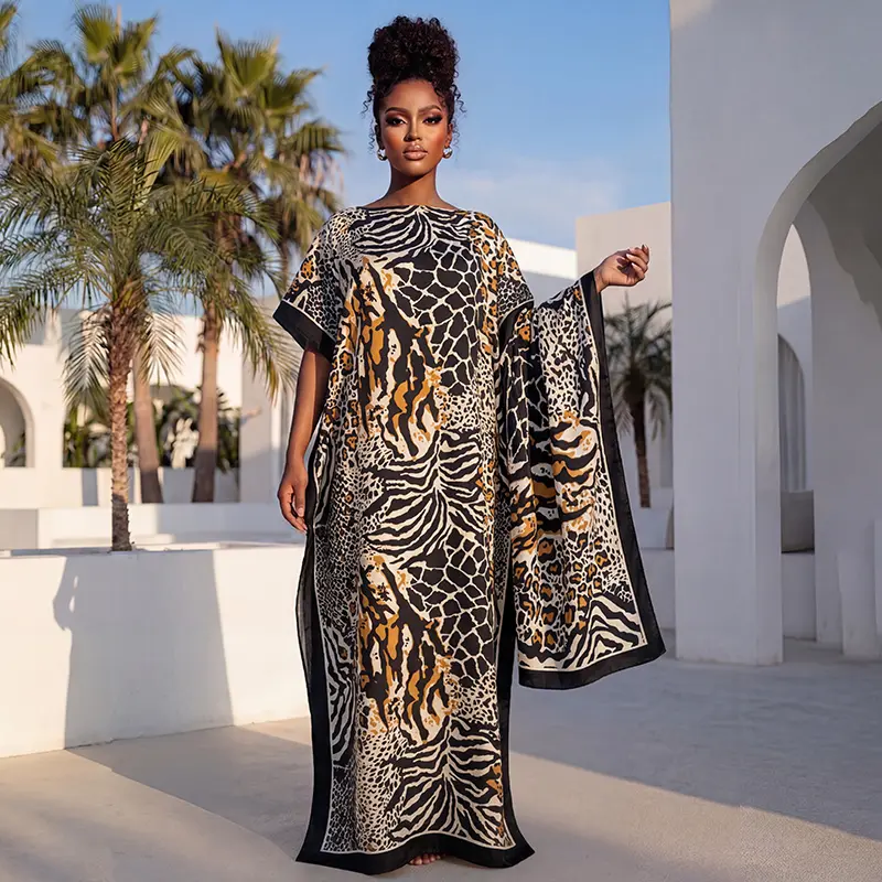 Luxury Mixed Zebra Leopard Print Long Dress, Women Satin Abaya Kaftan With Shawl, African Fashion Daily Wear