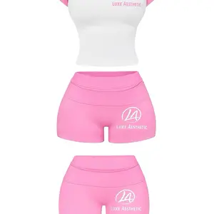 Luxe Aesthetic Soft Power 3 Piece Set - Pink High-Waisted Shorts & Crop Top - Comfortable & Stylish Workout Gear