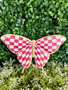 9.75 Inch Hot Pink White And Gold Antique Check Butterfly Sign