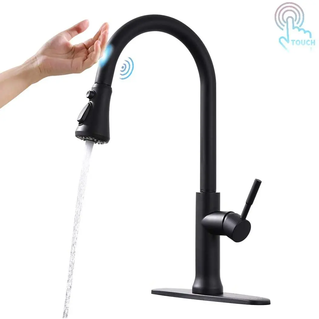FLG Touch-Activated Brass Body Kitchen Faucet, High Arc Single Handle Matte Black Kitchen Tap with 2-Way Pull-Down Sprayer, Auto Shut-Off Feature, Solid Brass Kitchen Taps