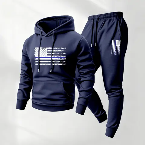 Men's America Flag Printed Hoodie and Drawstring Sweatpants Set, Menswear, Casual Athletic Long Sleeve Hooded Jacket & Trousers for Fall & Winter, Men's Clothing for Daily Wear, Sportswear Indoor Outdoor, Tracksuit, Athleisure Summer Clothes