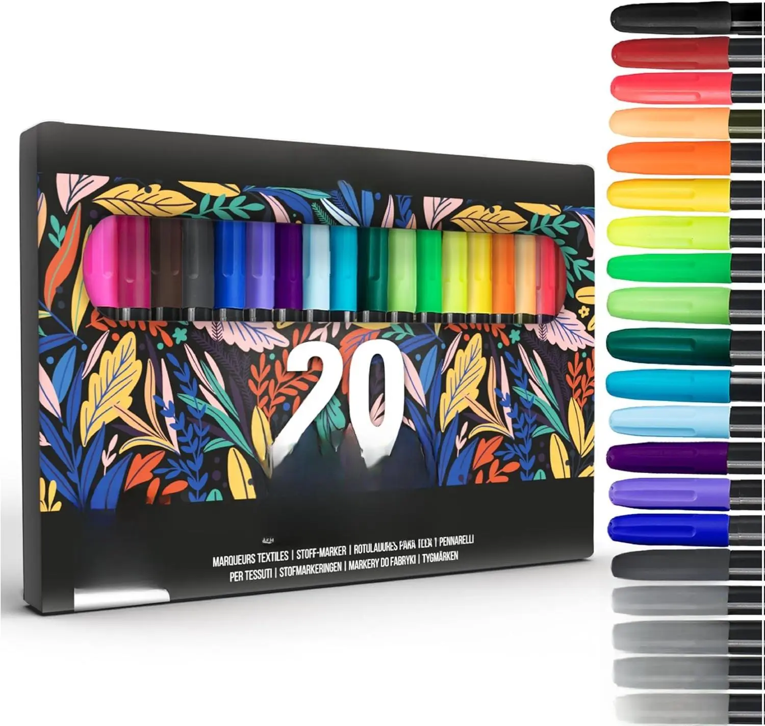 20-Piece Permanent Fine Point Fabric Markers Set, Indelible Multi-Surface Textile Coloring Supplies for Tote Bags, T-Shirts, Banners, Bulk Markers Including 5 Black Units & 32, 40-Piece Variants