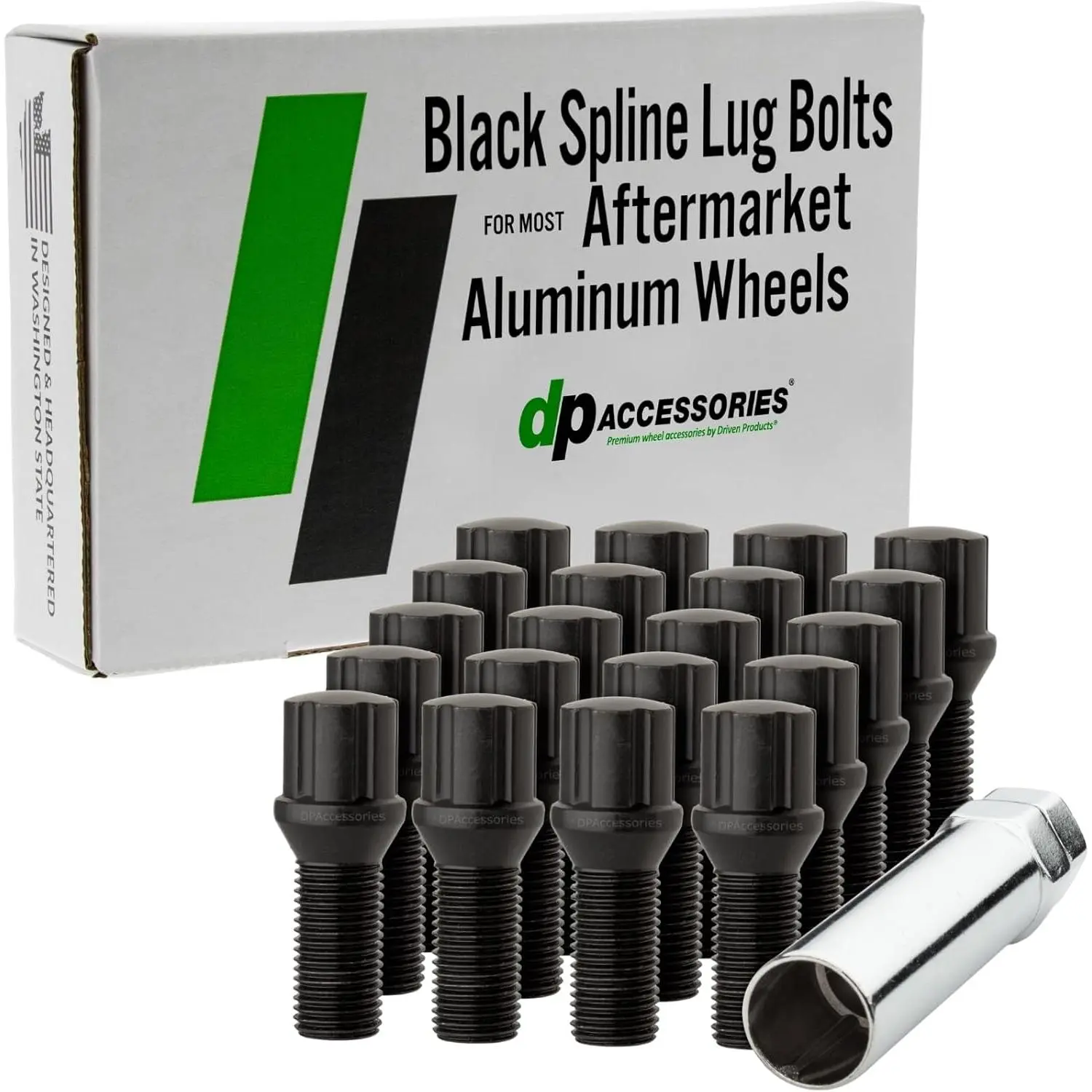 DPAccessories BS27K5HE-BK04020 Black M14x1.50 Spline Wheel Lug Bolts, 27mm Shank, Heat Treated for Durability, Set of 20