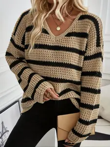 Women's Color Block Knit Jumper, Loose Fit Mesh Long Sleeve Top, Lightweight Outfit for Spring & Vacation, Striped Sweaters, Knitwear
