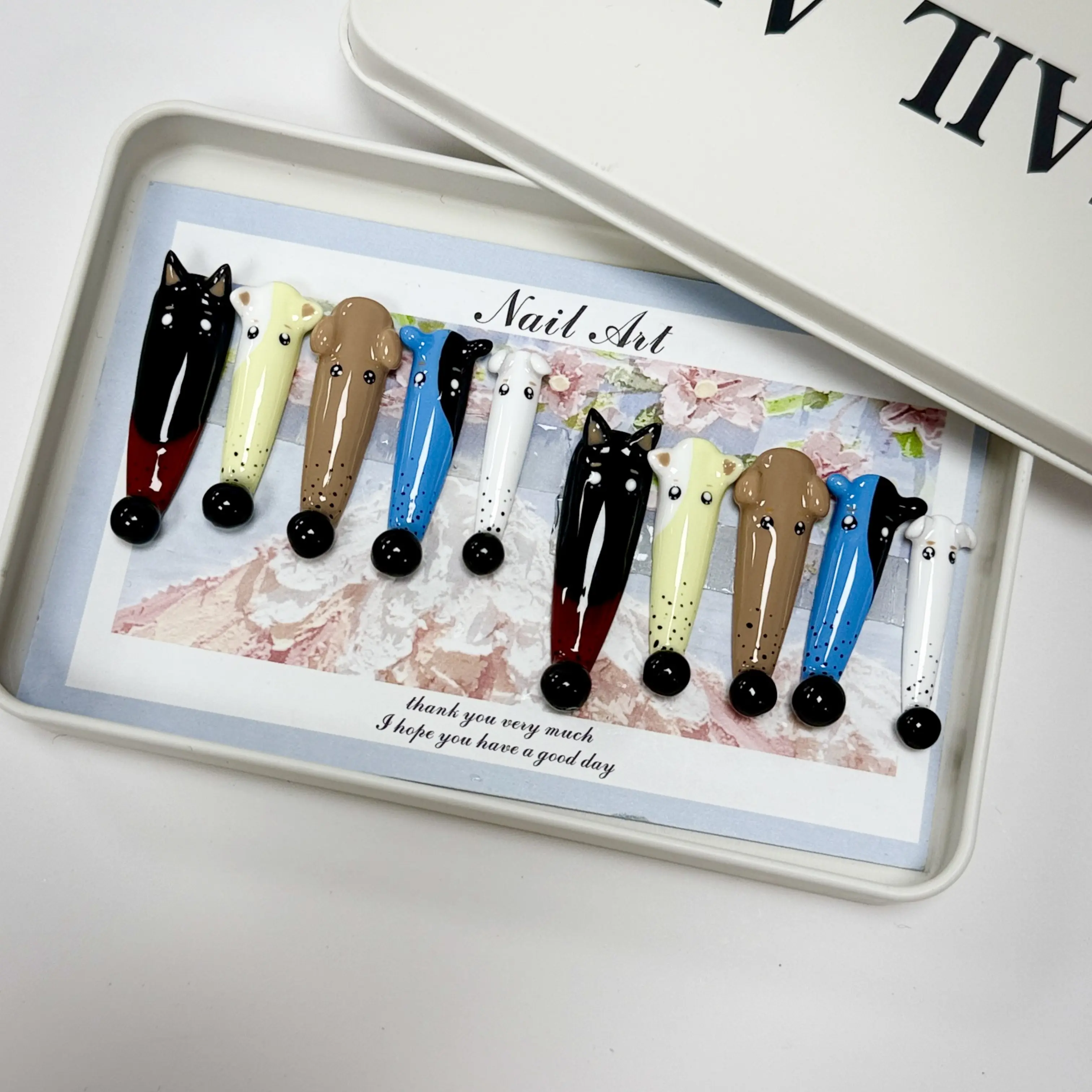 3D Hand-Sculpted Dog Press-On Nails | Long Stiletto Animal Nail Art with Black Bead Nose Tips | Viral Handmade Puppy Fake Nails for Dog Moms