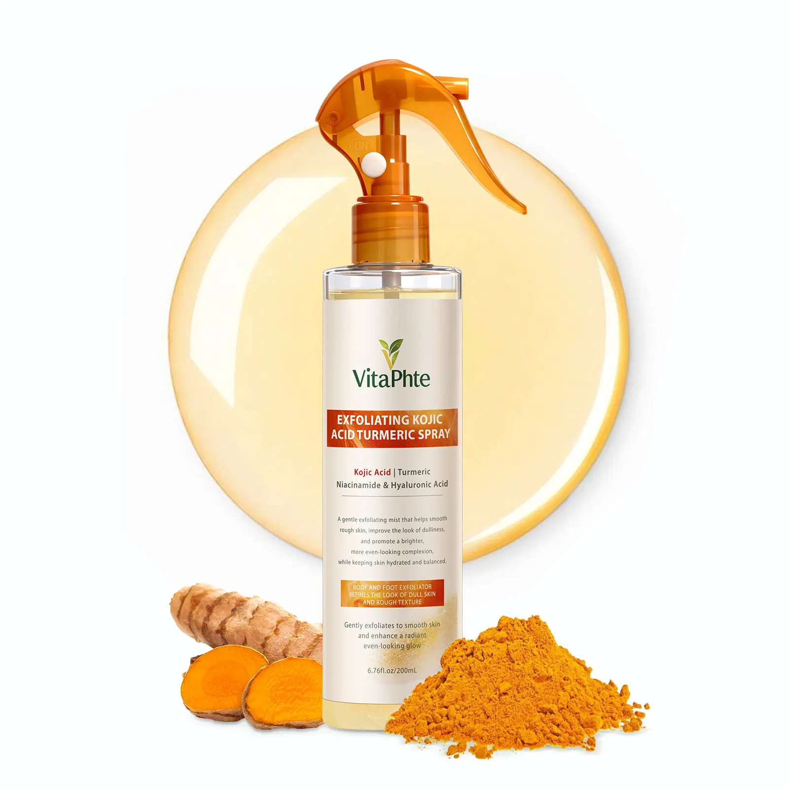 VitaPhte Exfoliating Kojic Acid & Turmeric Spray for Body & Feet, with Niacinamide & Hyaluronic Acid, Gentle Exfoliating Mist for Smoother, Brighter-Looking Skin