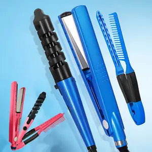 3pcs Red Hair Styling Set: Straightener, Flat Iron & V-Shaped Comb - Multi-Functional Tools for All Hair Types, 110V Plug-In, Perfect Holiday Gift Haircare Brazilian Straightening Kit Salon Equipment Auto Rotating Curler Automatic Curler