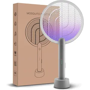 Electric Fly Swatter Racket with Base, 2 in 1 Mosquito Bug Zapper 4000V Handheld Mosquito Killer with 1800 mAh Rechargeable Battery, Blue Light and 3-Layer Safety Mesh for Indoor Outdoor Home Patio Camp Office