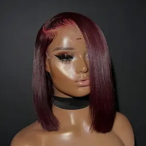 Dark 99J Colored 180 Density Straight BOB Wig Human Hair Wig 13X4 Lace Frontal Wig Dark Burgundy Colored Pre Plucked for Women Big Lace Wigs