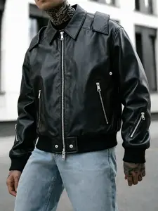 Men's Vintage Leather Jacket, Metal Zipper Design, Durable Anti-Wrinkle Fabric, Street Style, All Seasons, Perfect for Casual