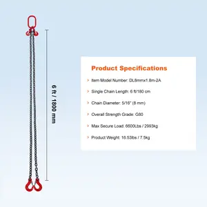 VEVOR Chain Sling, 5/16 inchx 6 ft Lifting Chains with Hooks, G80 Engine Chain Hoist Lifts, 6600 lbs/3 Ton Lifting Sling Chains for Engine Hoist, Engine Lift Chain with 2 Leg Grab Hooks and Adjusters