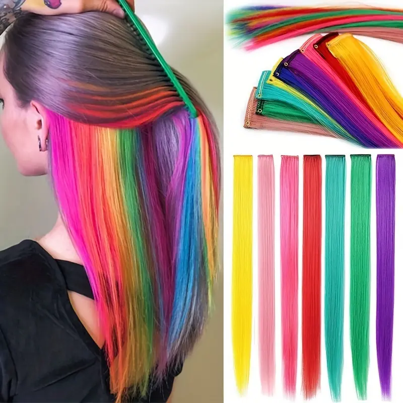 6-piece clip-in hair extensions - 24inch long straight synthetic hair extensions, bright green and gradient colors, heat-resistant and durable, suitable for women and parties, daily styling, women's hair extensions, multi-functional hair extensions