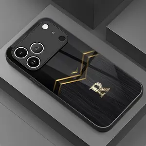 Luxury Gold Letter R Pattern Glass Phone Case for iPhone 17/16/15/14/13/12/x/XR/XS Max/7/8/7p/8p, High-End Feel, Trendy Design