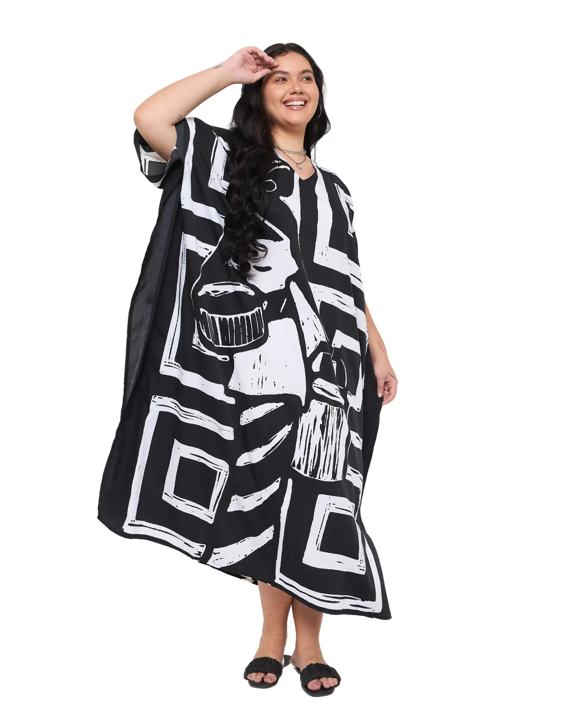 Gypsie Blu Women's Plus Size Polyester Lightweight Caftan Cover Up - Stylish, Sleeved Maxi Kimono for Evening, Party Wear (Black & White Geometric Fabric)
