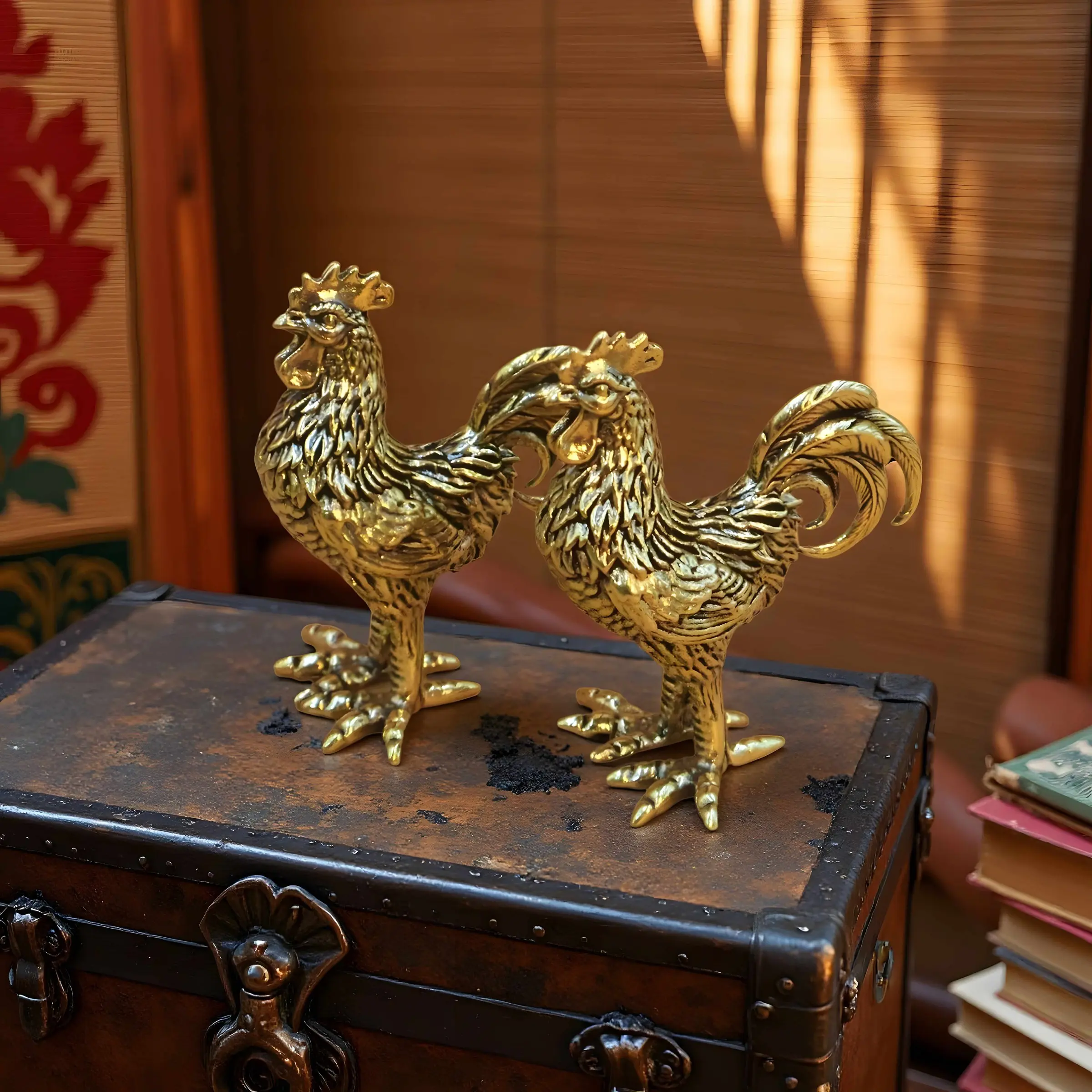 2-Piece Copper Rooster Hen Figurines Set, Creative Copper Fortune Zodiac Chicken Decorations, Animal Decorations, Vintage Home Decor, Home Living Room Desktop Tea Pet Ornaments