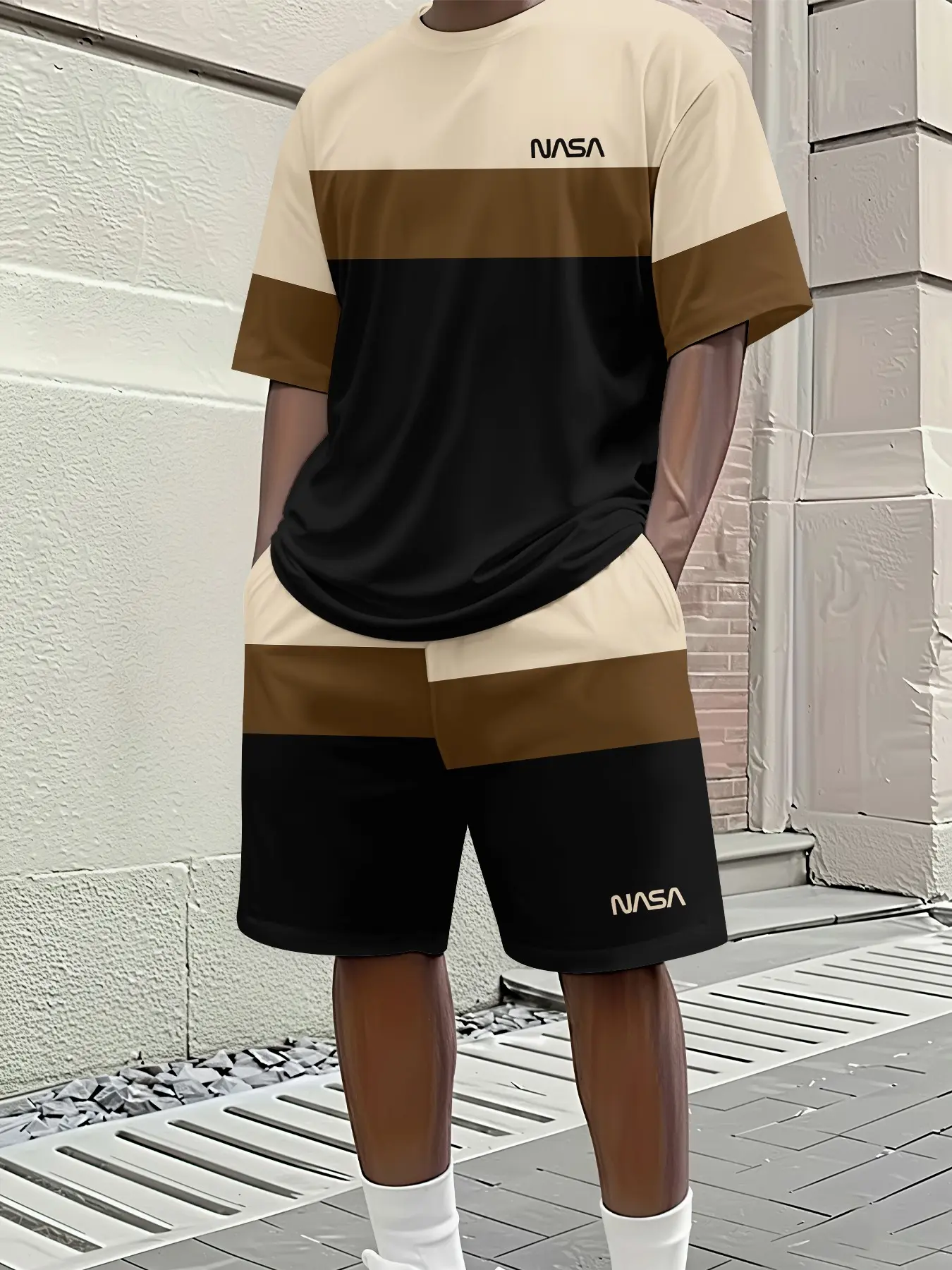 NASA Contrast Color Stripe Digital Print Two-Piece Set, 2Pcs, matching shorts set, Trendy and Fashionable Set, Trendy Retro Casual Two-Piece Set, Vacation Style Trendy Outfit, Breathable Sports Casual Style, a Perfect Holiday Gift for Men