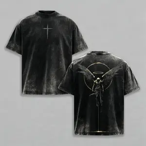 ARCHANGEL OF REPENTANCE T-Shirt Acid Wash Pump Cover Fallen Angel Double Printed Heavy Cotton Unisex Crusader Armor Graphic Tee, Vintage Cross Shirt, Medieval Warrior Streetwear, Gothic Faith Oversized Tee，funny graphic tee, men’s trendy t-shirts