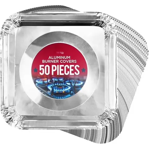 50-Pack Gas Stove Burner Liners, Disposable Heat-Safe Aluminium Foil Covers, 8.5” Heat-Resistant Protector, Fits Gas or Electric Ranges, Thick Foil for Mess-Free Kitchen Cookware Use, Value Pack, Heat‑Safe Foil