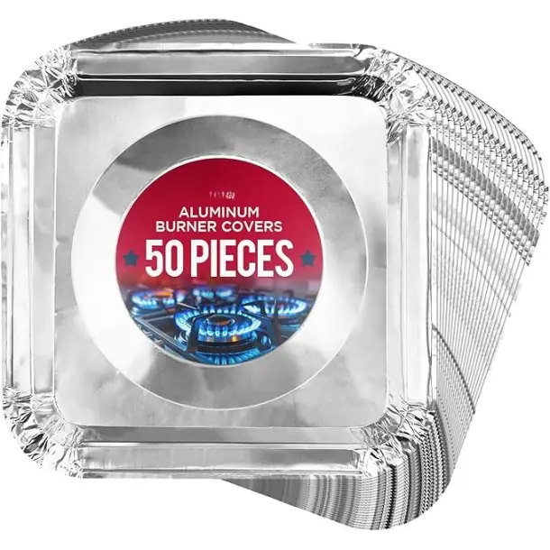 [New Deal] 50 Pack Gas Stove Burner Liners  - Disposable Aluminium Foil Covers, 8.5” Heat-Resistant Protector, Fits Gas or Electric Ranges, Thick Foil for Mess-Free Cooking, Perfect Stove Cover for Kitchen Cookware, 50-Pack Value, Thick Aluminum Foil
