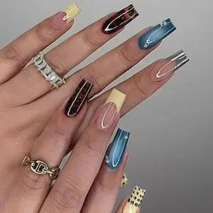 Yellow French Tip Press On Nails with Polka Dot & Tortoiseshell | Square Clear Tip Fake Nails | Handmade Modern Nail Art