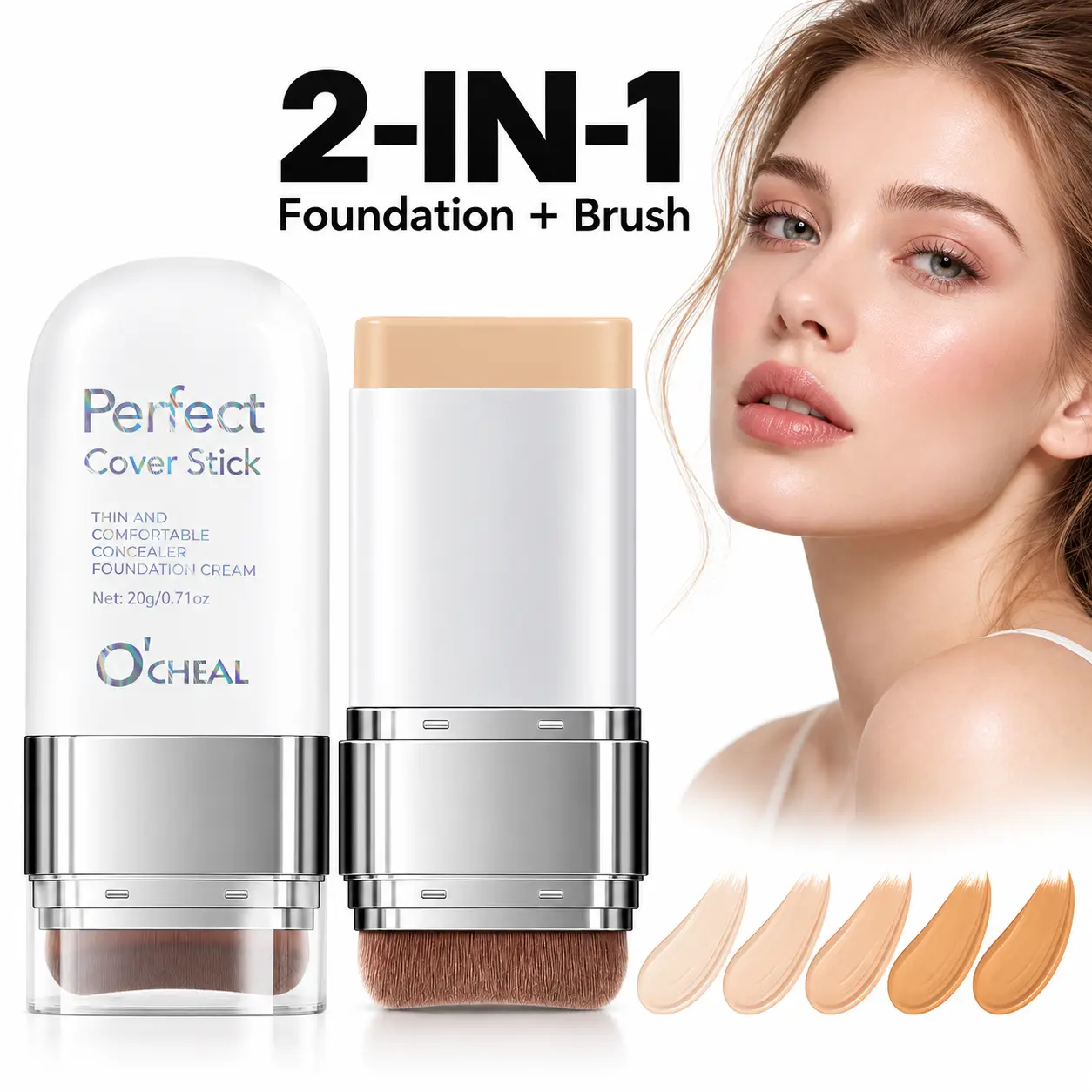 2-in-1 Foundation Concealer Stick with Brush, fullCoverage Face Makeup Stick for Lasting Wear,even skin tone, blemish cover and contour，Sohochic