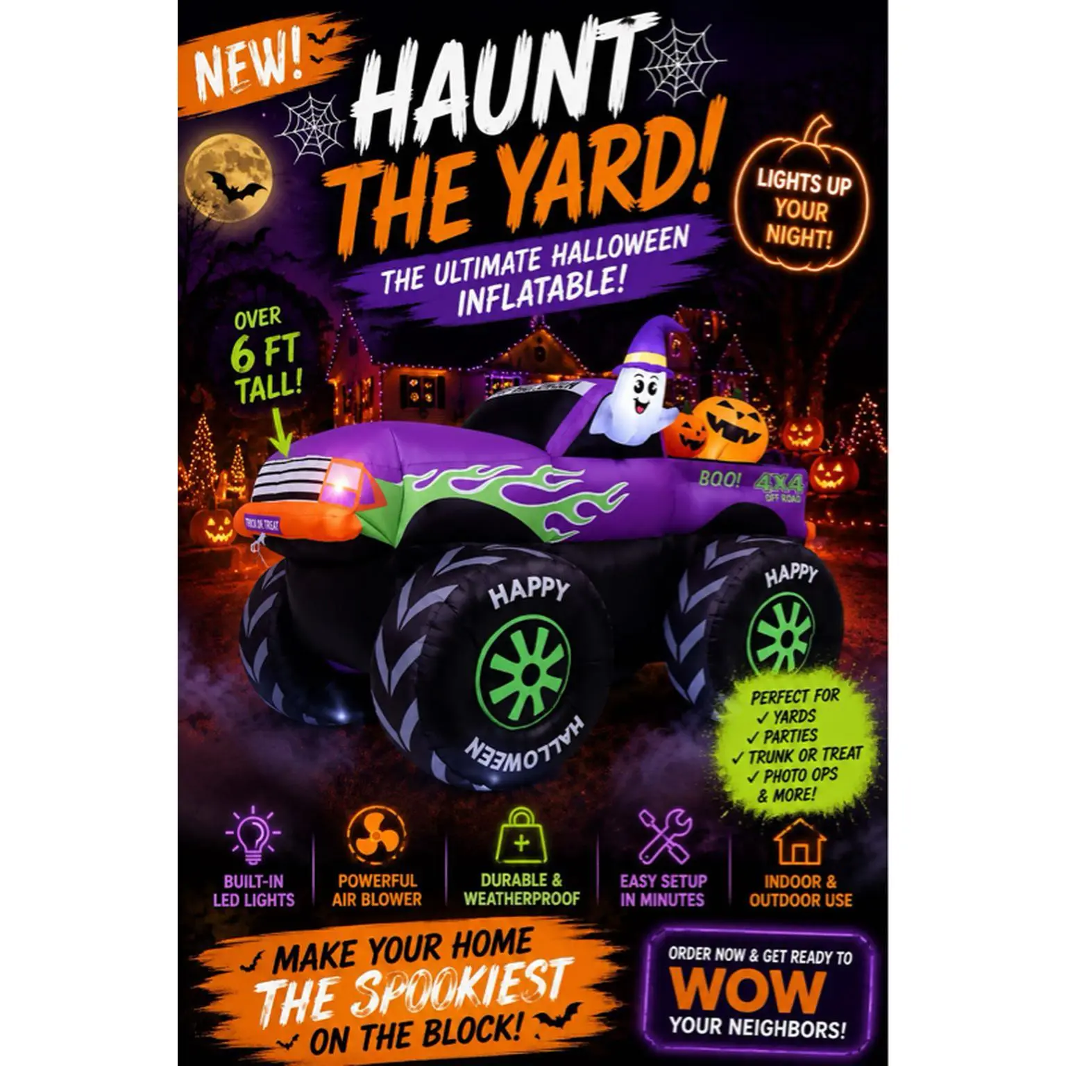 Haunt The Yard Halloween Monster Truck Inflatable Over 6 Ft Tall with Built-in LED Lights for Yards Parties and Trunk or Treat