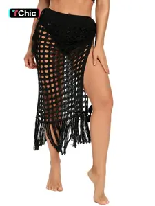 Bohemian Crochet Fringe Hem Slit Tie Knit Beach Skirt, Plain Fitted Midi Style, Sheer Design, No Bikini Included, Bottom