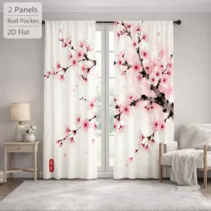 2 Pcs Japanese Style Cherry Blossom Pattern Sun Blocking Curtains Digital Printed Rod Pocket for Bedroom Office Kitchen Living Room Study Home Decor