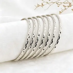 7Pcs Shiny Faceted Silver Plated Bangles, Copper-Based Stackable Bracelets, Layered Bangle Set for Women, Ideal Birthday/Anniversary Gift
