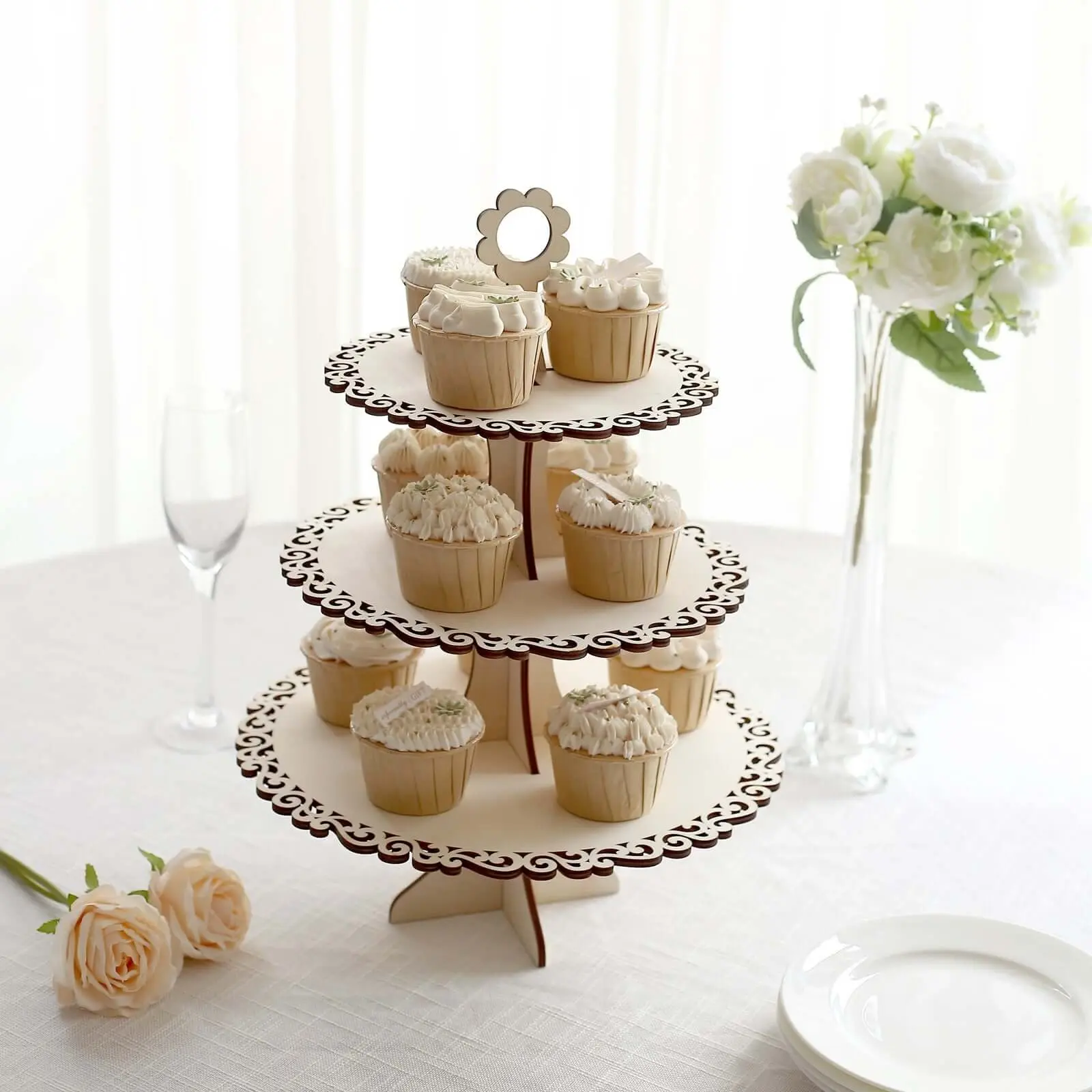 3-Tier Wooden Cupcake Holder - 16" Floral Edge Natural Rustic Round Dessert Display, Wedding & Anniversary Decoration with Flower Accent Table Centerpiece, Birthday