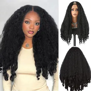 Auvzy Natural Color Afro Curly V Part Wig 24 Inch Synthetic Braided Hair Unique Bouncy Curls for Black Women Glueless Wear and Go Soft Full Curly Wig No Leave Out Clip Half Wig