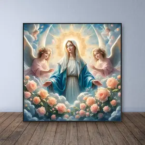 Mary with Angels & Roses Pattern DIY Diamond Arts Colorful Painting Kit without Frame, DIY 5D Diamond Arts Colorful Painting Kit, Wall Art Decor for Home