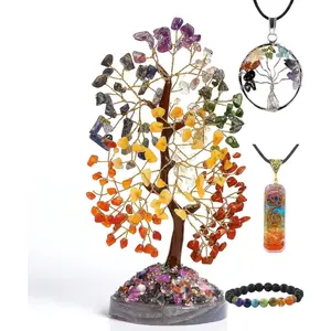 7 Chakra Healing Crystal Gift Set - Premium 300-Bead Gemstone Money Tree, Protection Bracelet & 2 Pendant Necklaces - Complete Feng Shui Meditation Kit for Home Decor, Good Luck & Spiritual Healing